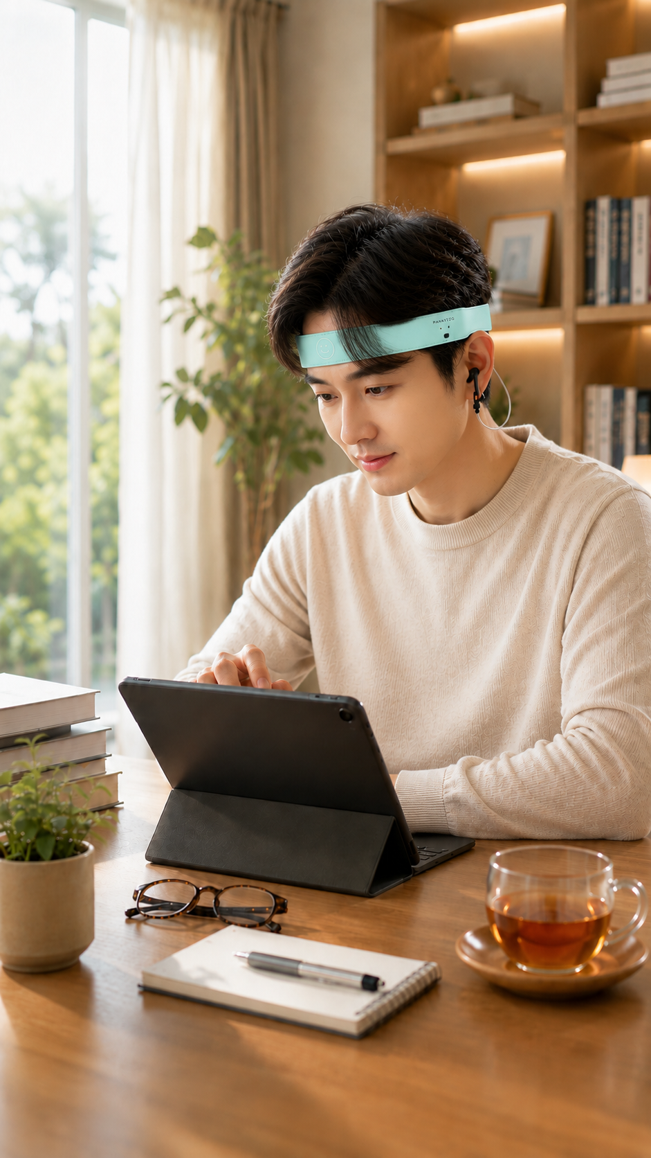 직장인이 밴드를 착용하고 태블릿으로 훈련하는 모습